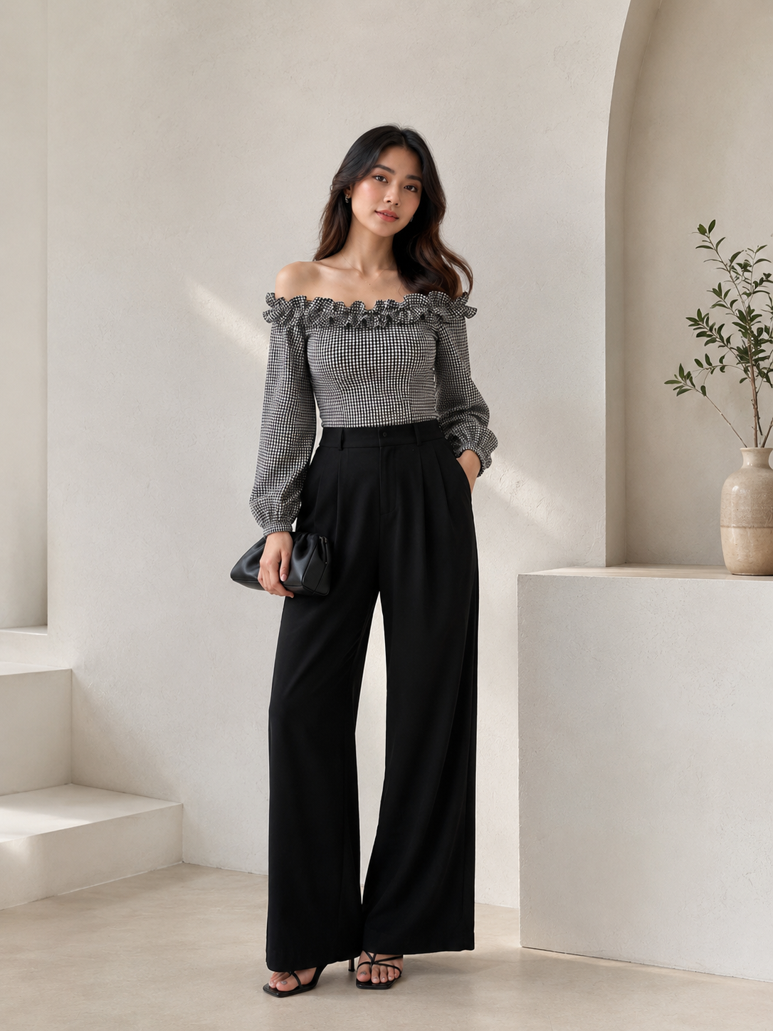 Women’s Black & White Gingham Off-Shoulder Ruffle Sleeve Crop Top