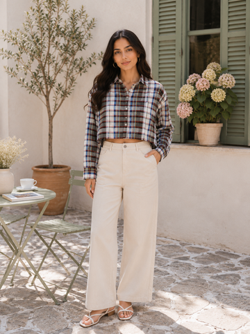 Women's Cropped Plaid Cotton Shirt