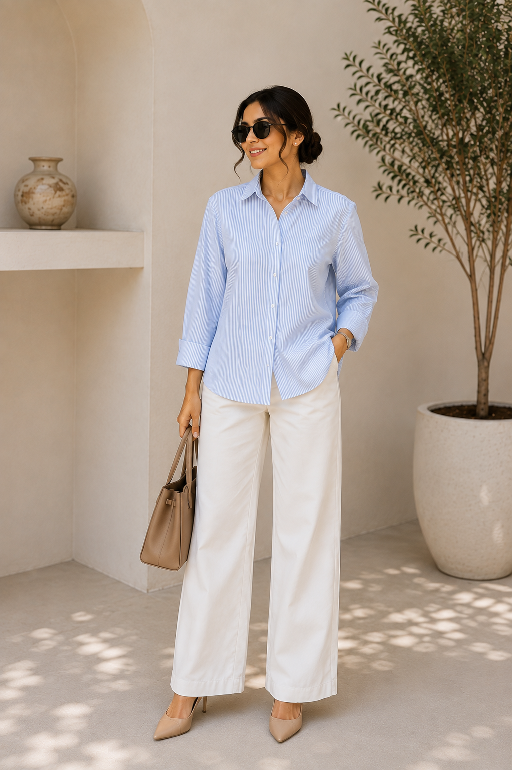A woman stands in a sunlit architectural setting wearing a light blue button-up shirt and wide-leg cream pants, holding a taupe handbag.