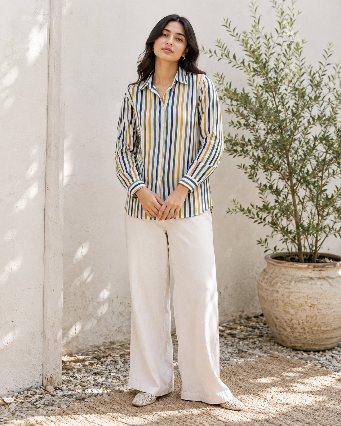 Women’s Multicolor Vertical Striped Button Up Shirt