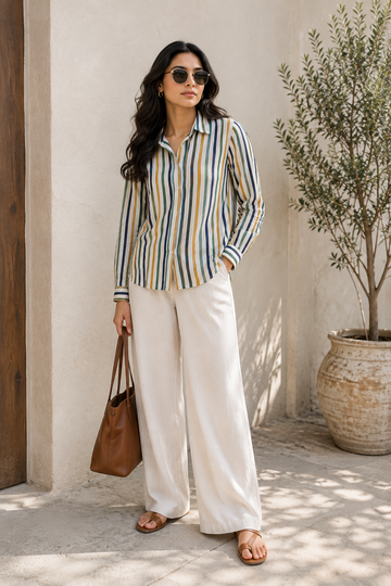 Women’s Multicolor Vertical Striped Button Up Shirt