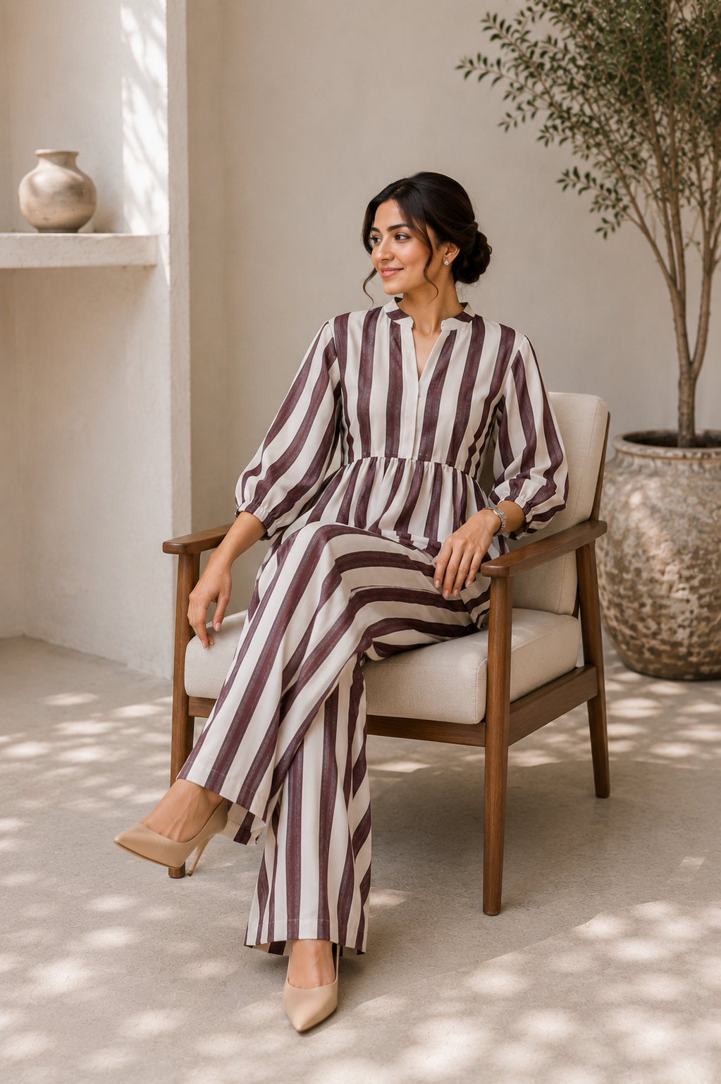 A woman models a matching two-piece set featuring vertical burgundy and cream stripes, consisting of a peplum-style top with three-quarter sleeves and wide-leg trousers. She is standing in a sunlit, modern architectural setting with a potted tree and a small vase on a shelf.