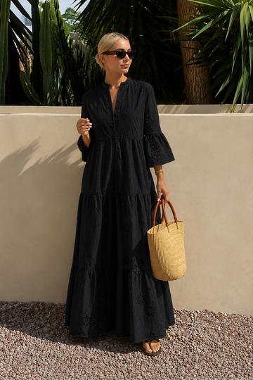 Women's Black Cotton Eyelet Tiered Maxi Dress