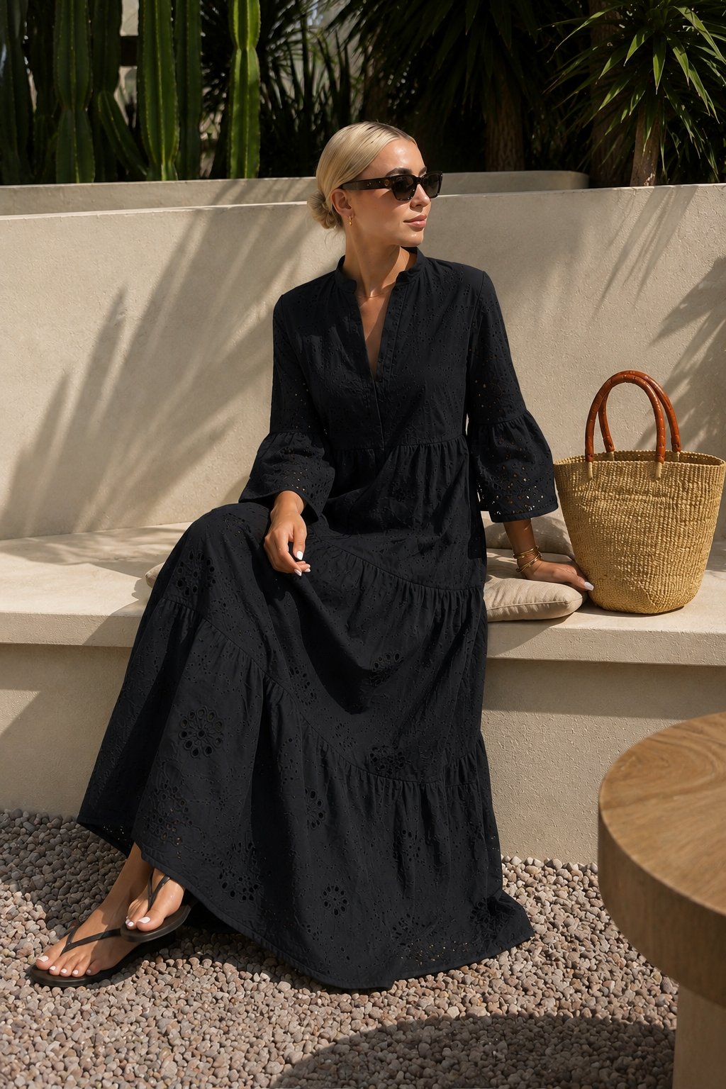 Women's Black Cotton Eyelet Tiered Maxi Dress