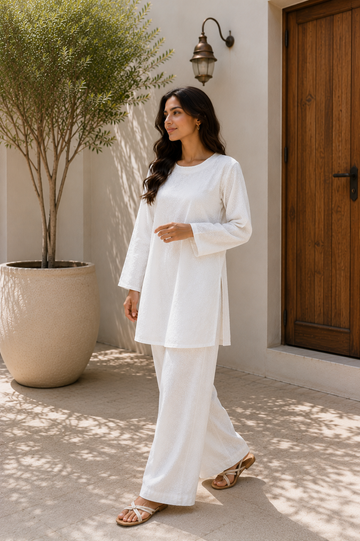 Women's White Chikankari Cotton Co-Ord Set