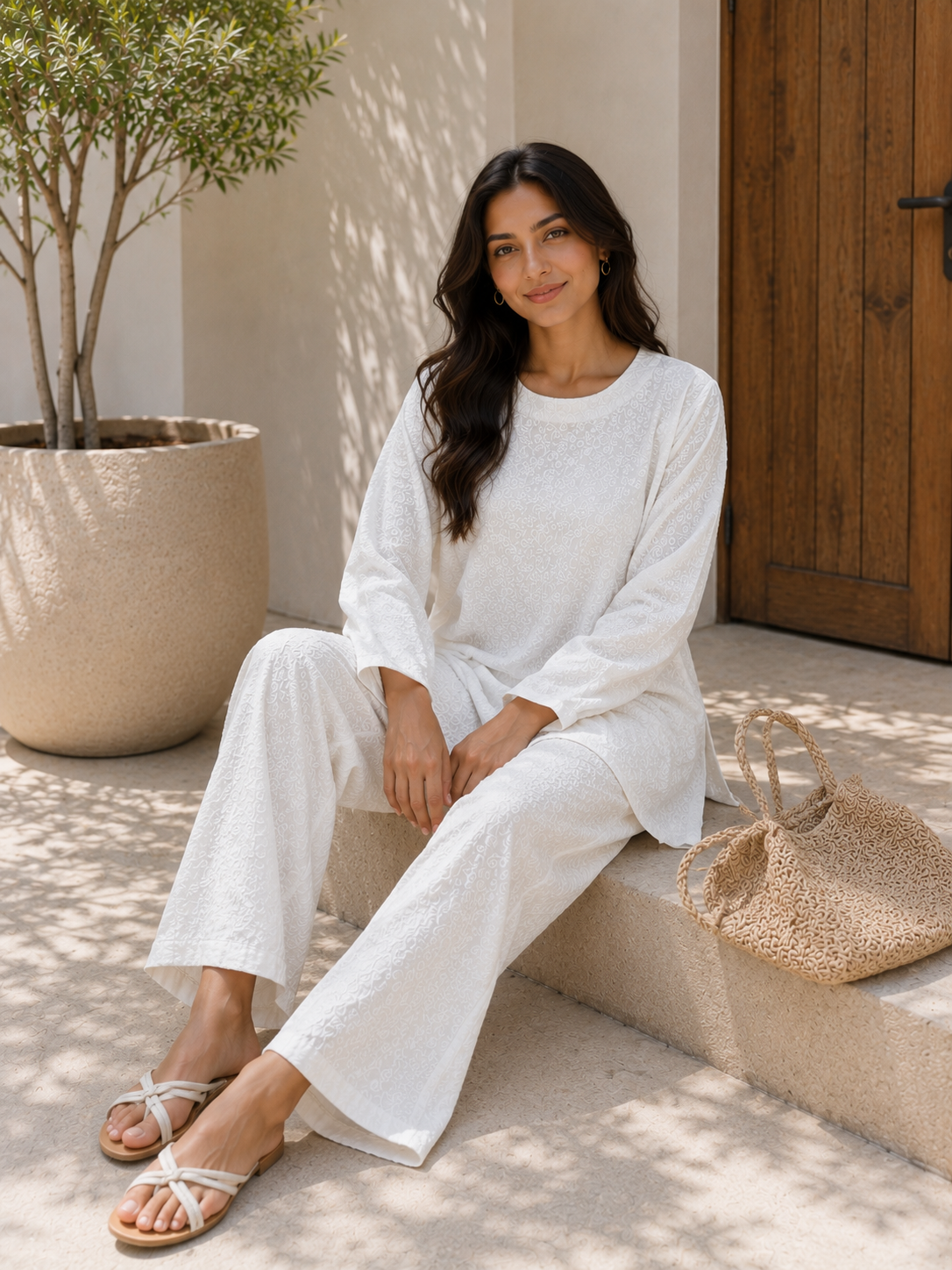 Women's White Chikankari Cotton Co-Ord Set