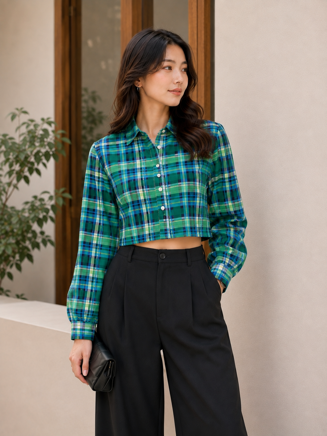Women's Cropped Checkered Shirt