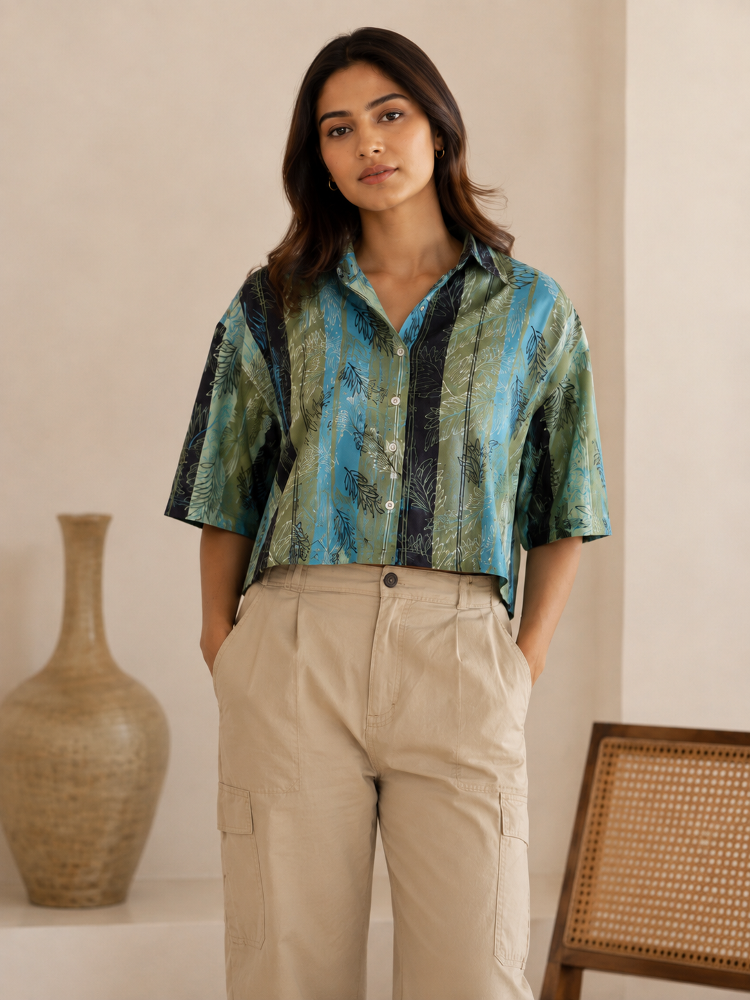 Women’s Tropical Floral Print Drop Shoulder Cropped Shirt