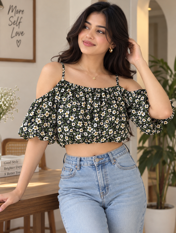 Women’s Floral Print Cold Shoulder Puff Sleeve Crop Top