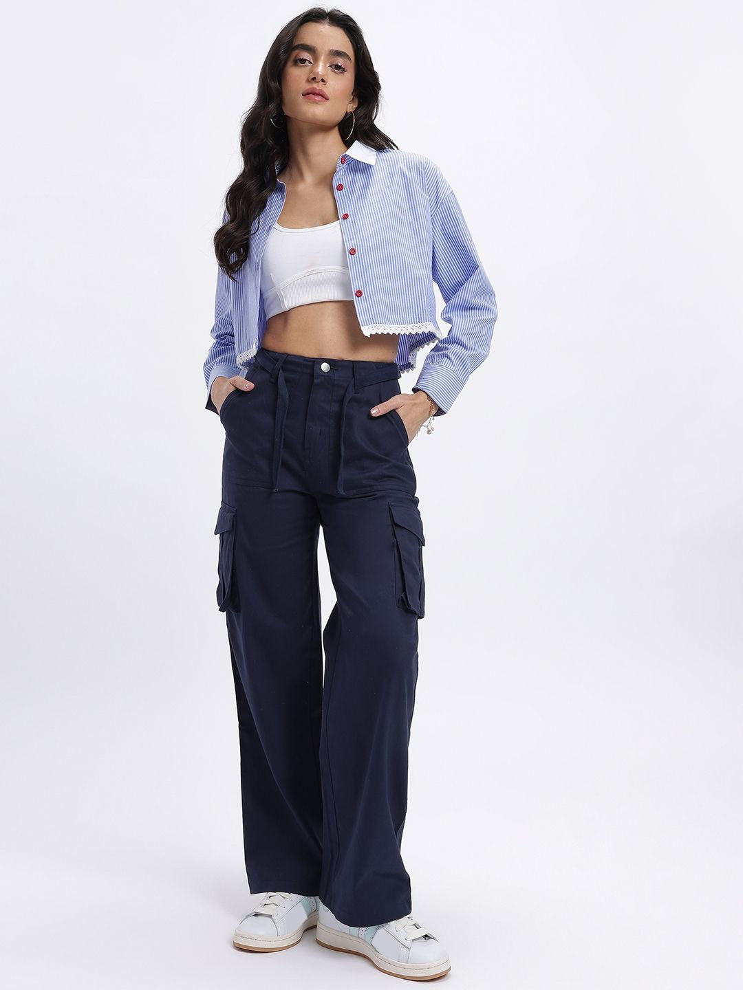 Zyna Blue Pinstripe Lace-Trim Crop Shirt