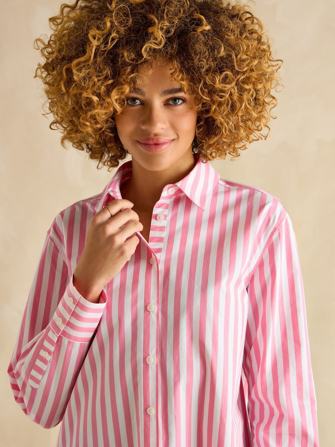 ZYNA Pink & White Stripe Longline Relaxed Fit Shirt