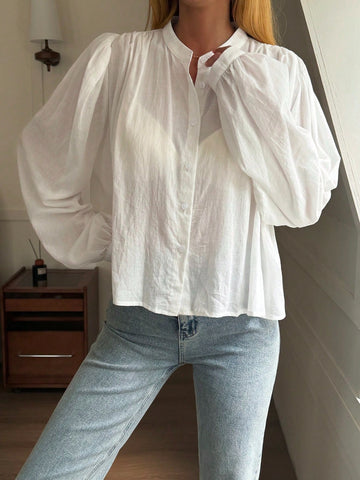 Women's Loose Solid Color Stand Collar Long Sleeve Elegant Summer Blouse