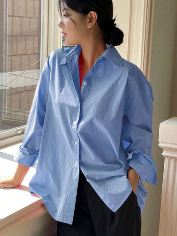 Women Spring/Summer Solid Color Long Sleeve Casual Loose Office Blouse