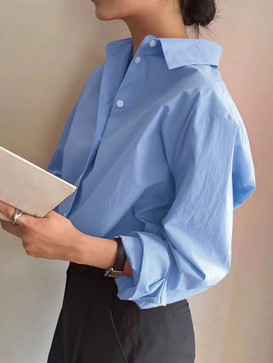 Women Spring/Summer Solid Color Long Sleeve Casual Loose Office Blouse