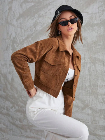 Corduroy Flap Pocket Button Up Crop Jacket Winter Cloth For Women