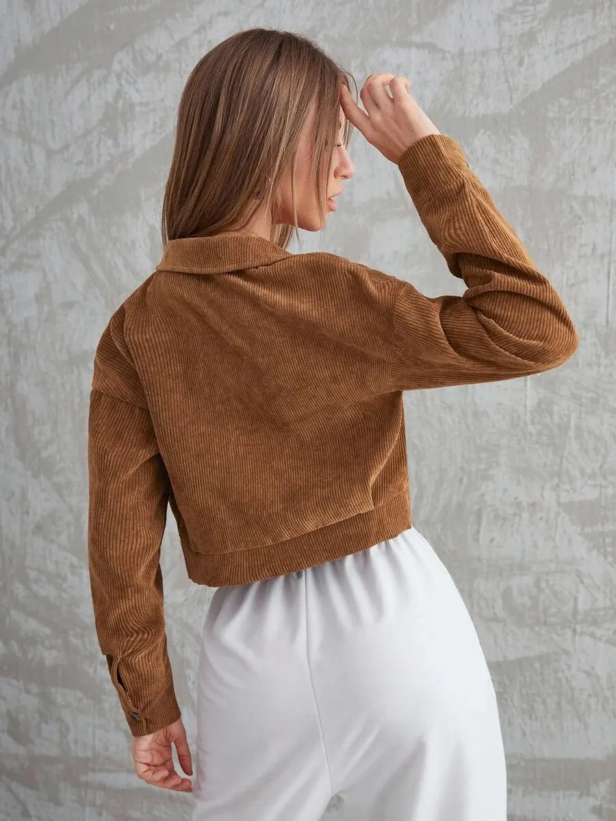 Corduroy Flap Pocket Button Up Crop Jacket Winter Cloth For Women