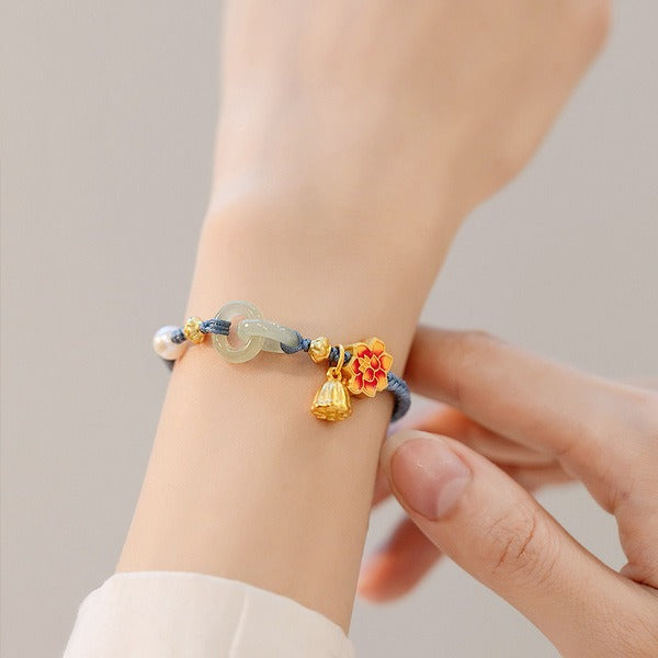 Interlocking Hetian Jade Ping An Buckle Bracelet Niche Design Woven Pearl Hand Rope