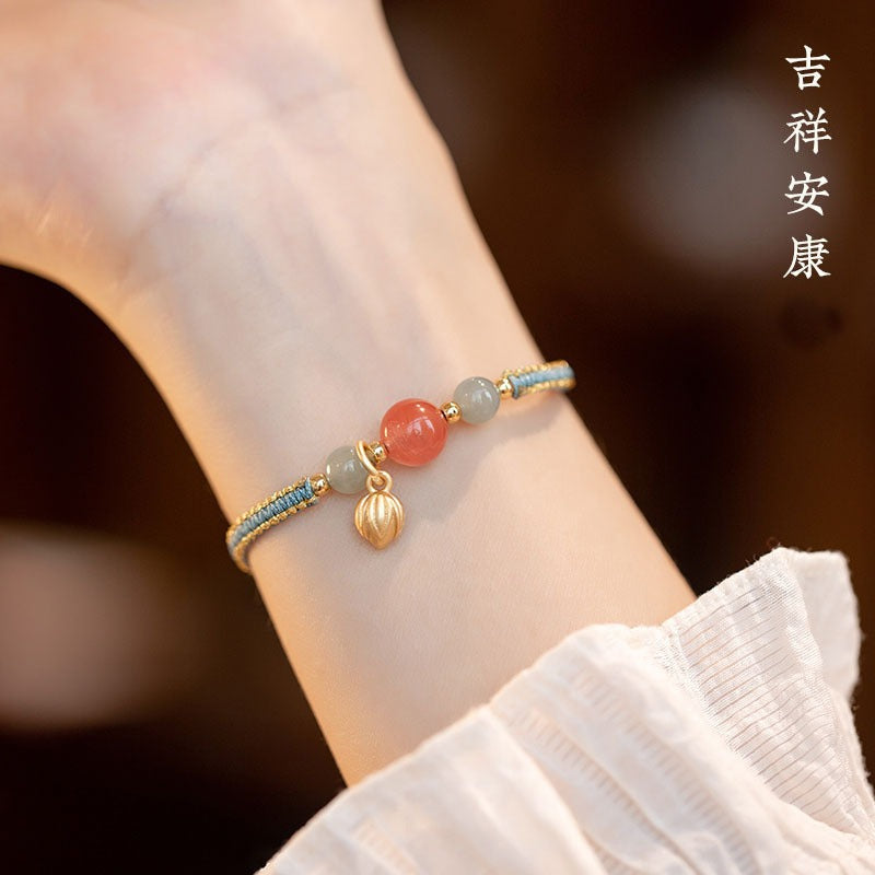Chic Women's Adjustable For Lotus Flower Bracelet With Southern Red Agate Beads