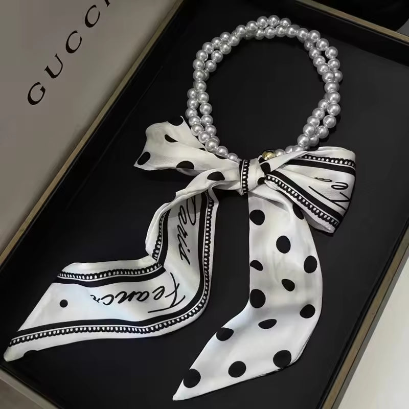 French retro pearl necklace with silk scarf, neck chain, variable collarbone decoration, small scarf, new female streamer.