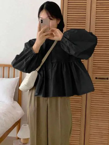 Women's Casual Pleated Round Neck Puff Sleeve Blouse,Fall Clothes