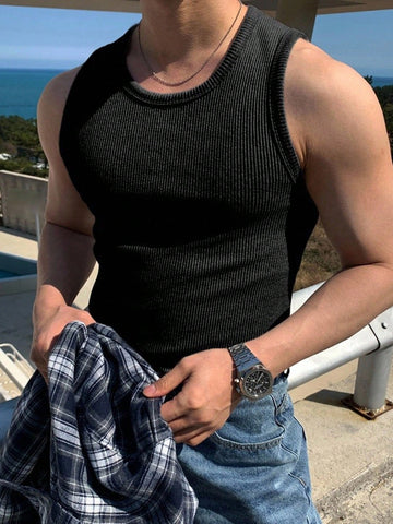 Men's Summer Casual Solid Black Tank Top