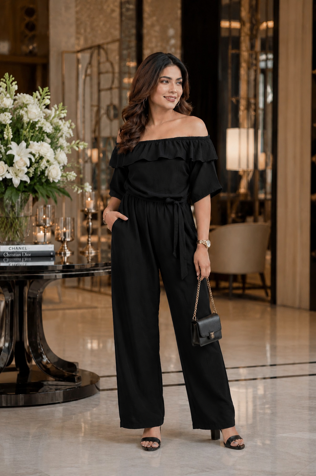 Women’s Black Off-Shoulder Wide Leg Jumpsuit