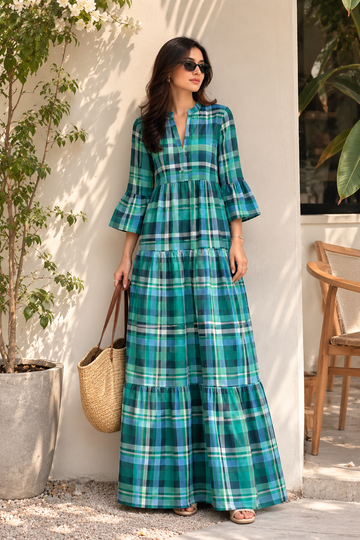 Women's Green Plaid Tiered Maxi Dress