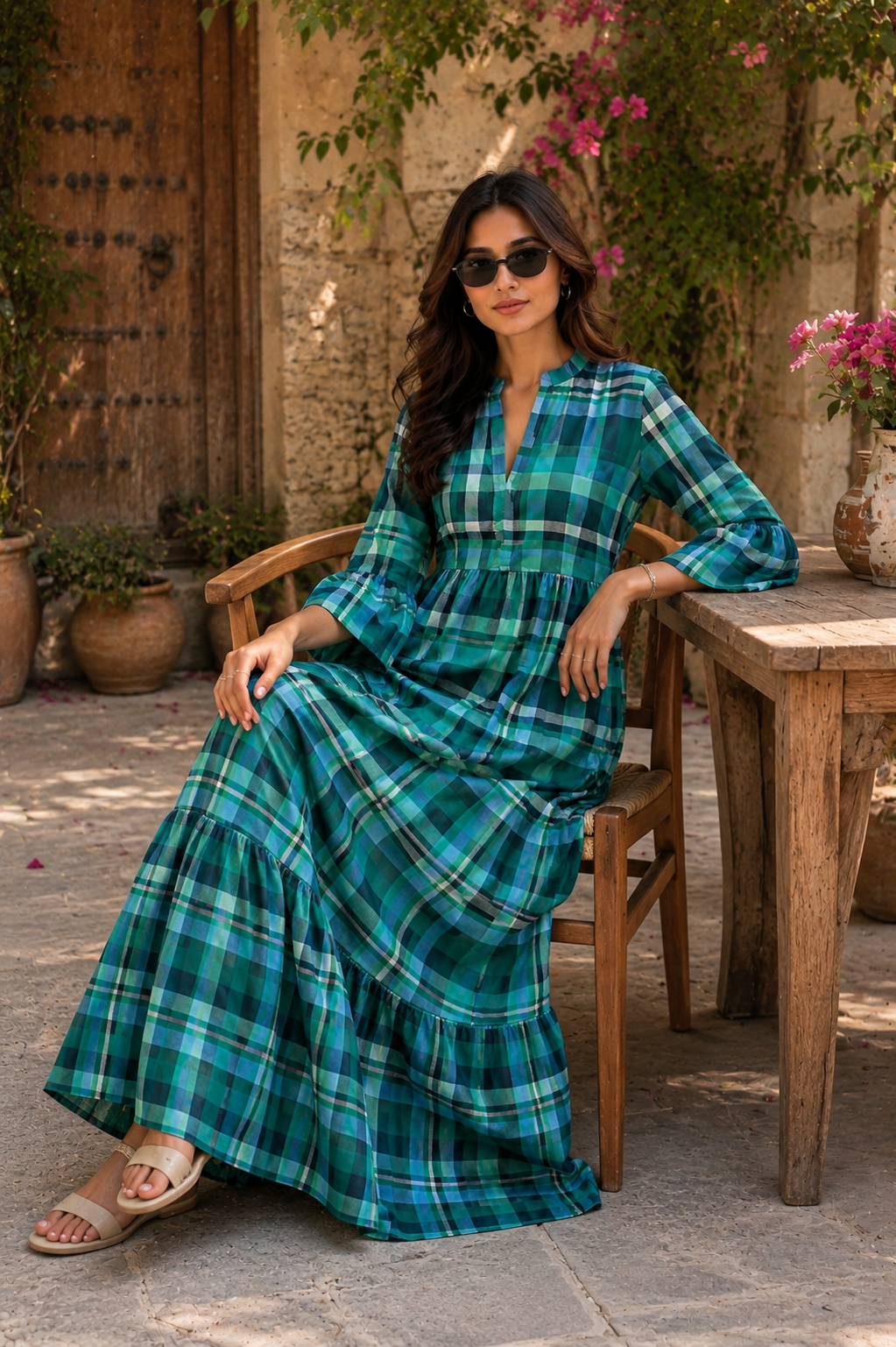 Women's Green Plaid Tiered Maxi Dress
