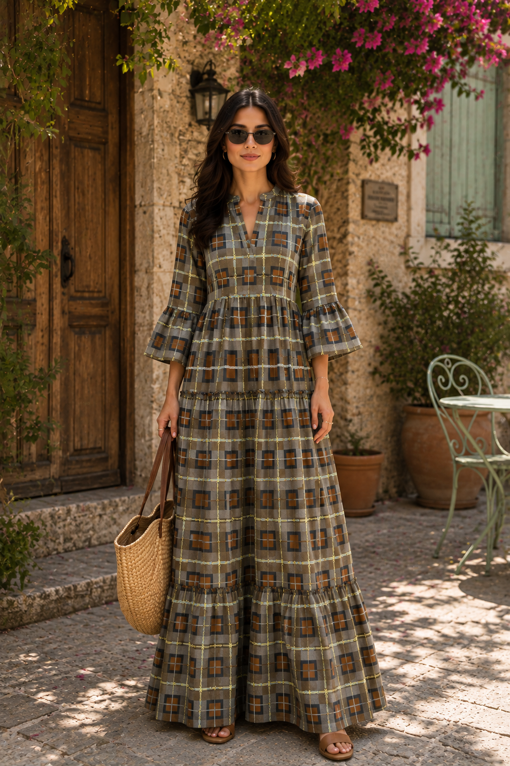 Mediterranean Mosaic Tiered Maxi Dress