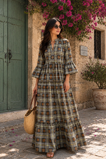 Mediterranean Mosaic Tiered Maxi Dress