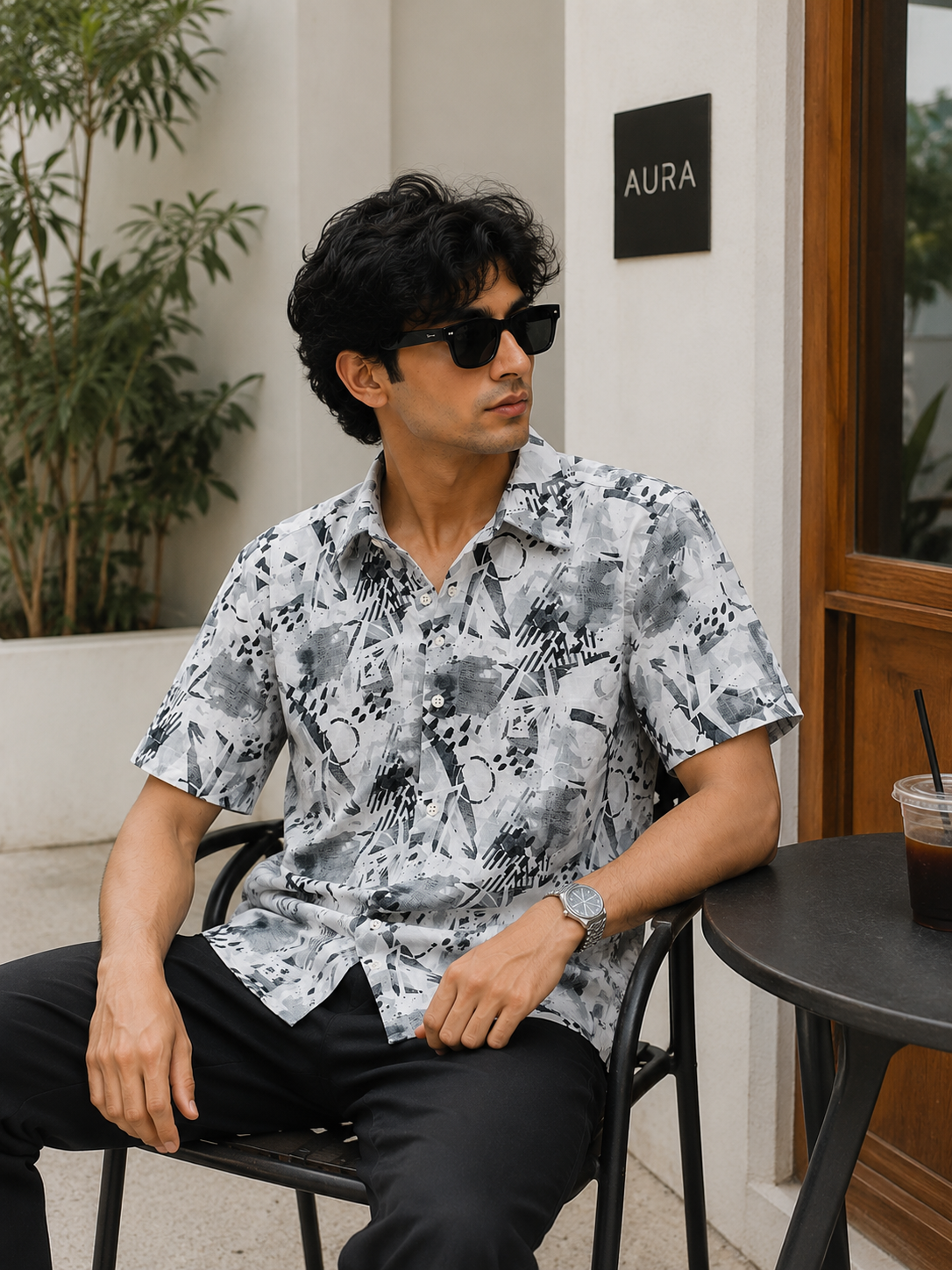 Men's Monochrome Abstract Print Short Sleeve Shirt