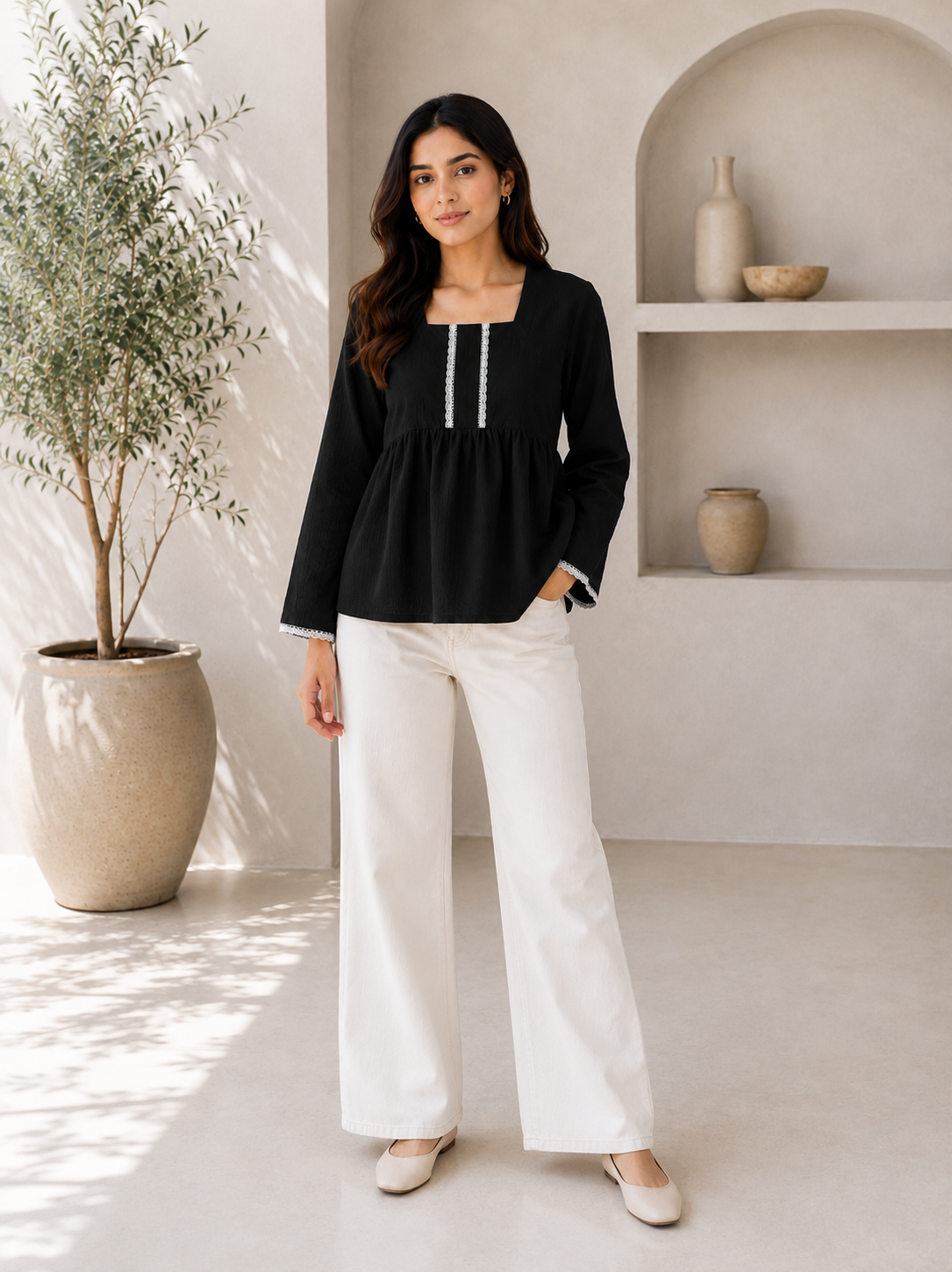 Women's Lace Trim Peplum Top