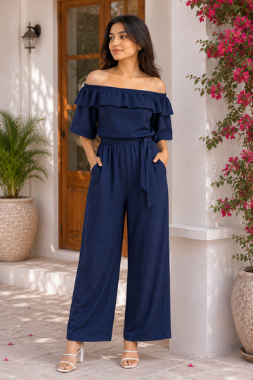 Women’s Navy Blue Off-Shoulder Jumpsuit