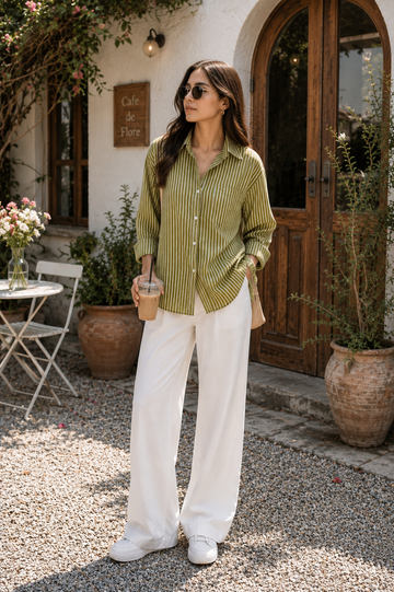 Women’s Olive Green Striped Button-Up Shirt