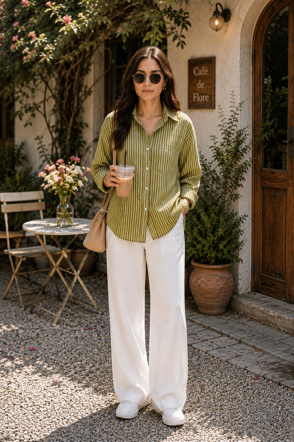 Women’s Olive Green Striped Button-Up Shirt