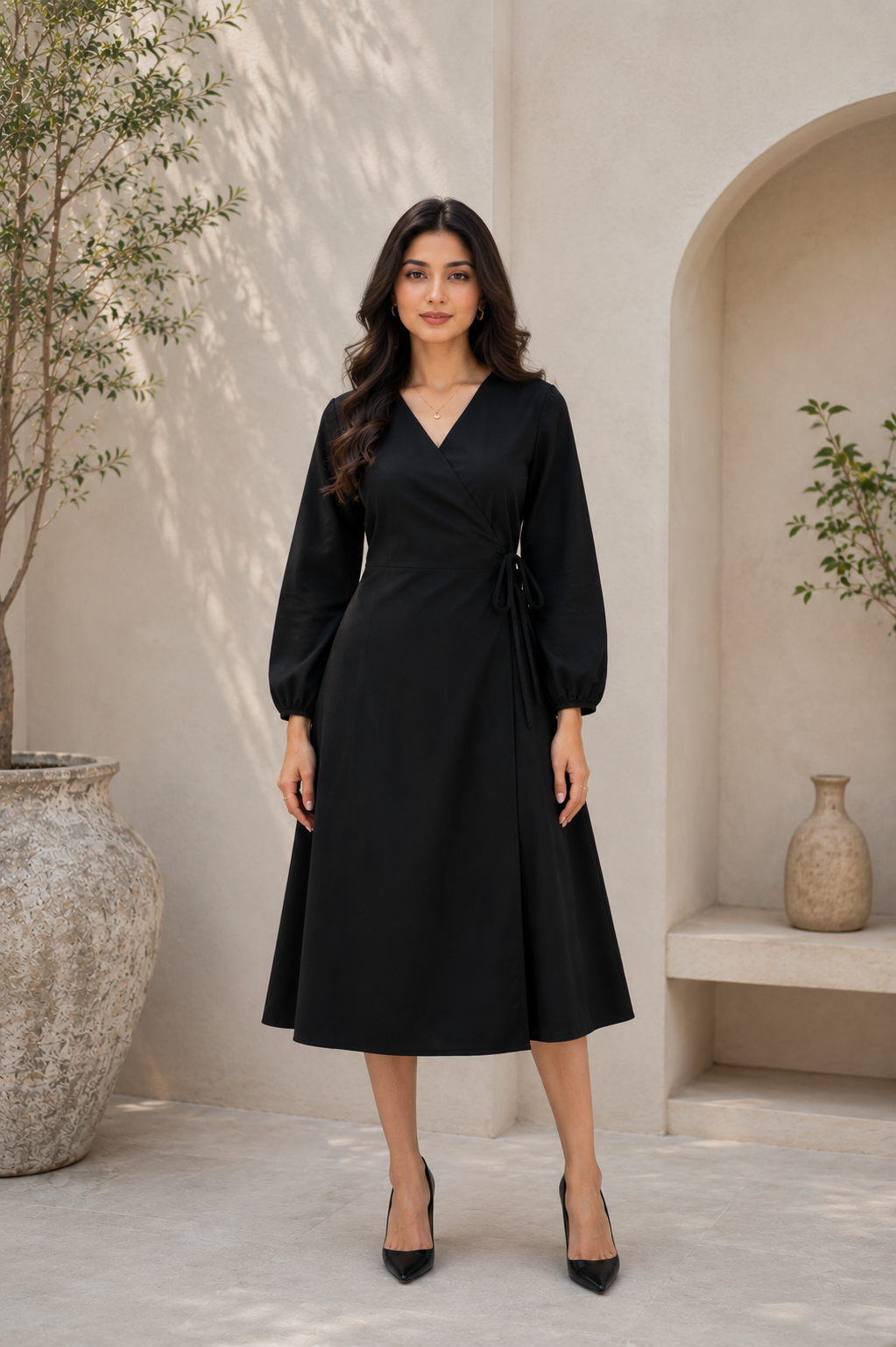 Women's Black Wrap Tie Midi Dress with Side Slit