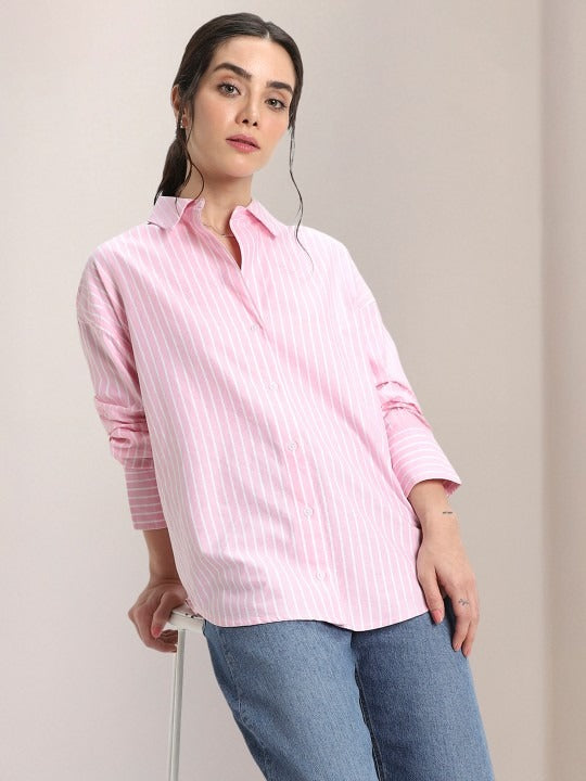 ZYNA Woman Oversized Vertical Striped Oxford Shirt
