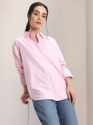 ZYNA Woman Oversized Vertical Striped Oxford Shirt