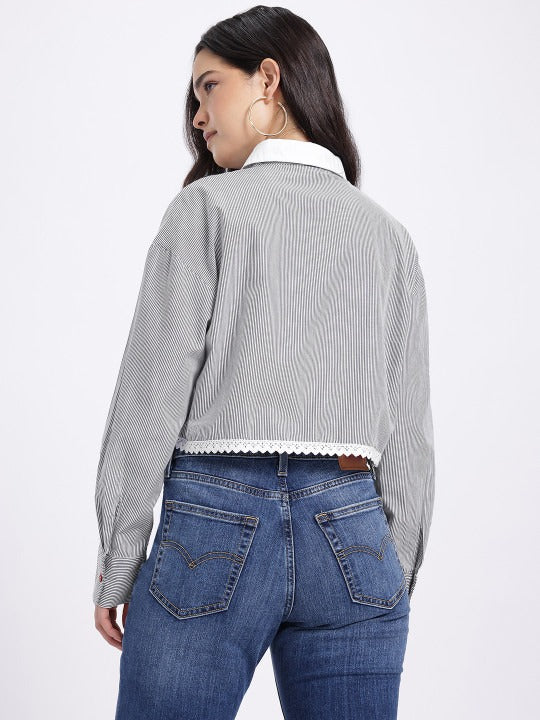 Striped Contrast-Collar Lace-Trim Crop Shirt