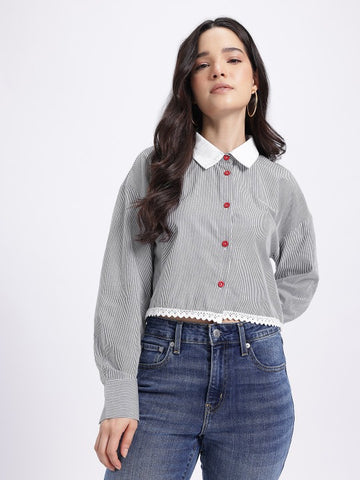 Striped Contrast-Collar Lace-Trim Crop Shirt