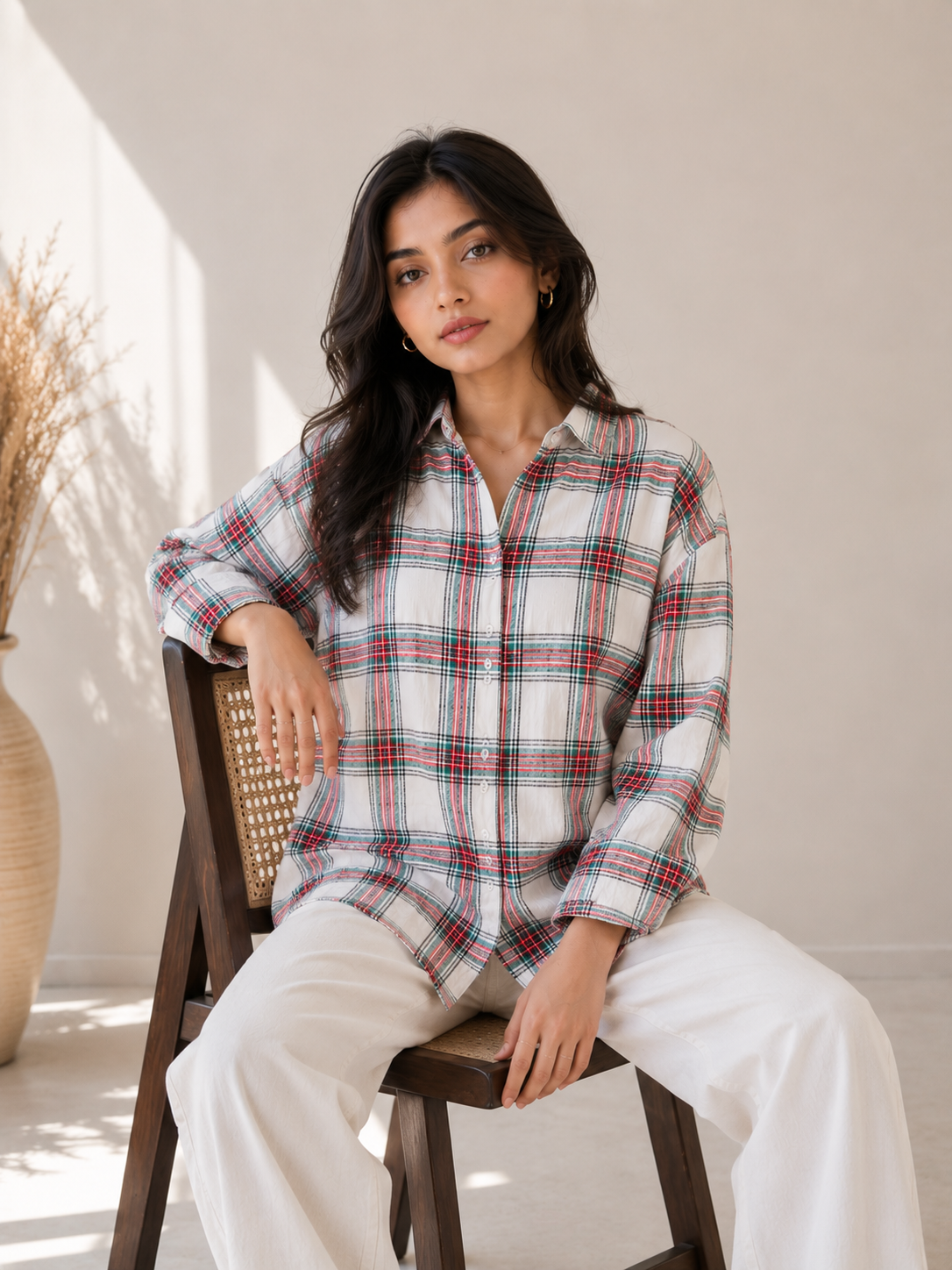 Women’s Plaid Check Drop Shoulder Oversized Shirt